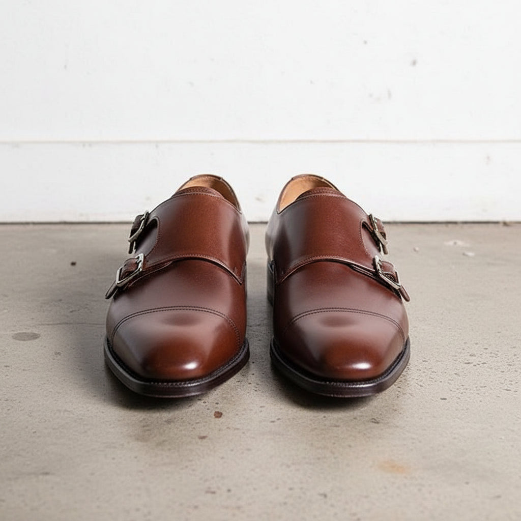 Handmade Mens Double monk Brown dress shoes, brown Oxford shoes for men - front-view