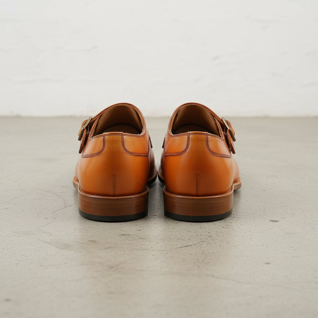 Handmade Mens Double monk shoes, Men Tan dress shoes, Buckle Shoes for mens - back-view