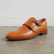 Handmade Mens Double monk shoes, Men Tan dress shoes, Buckle Shoes for mens - detail-view-showing-texture