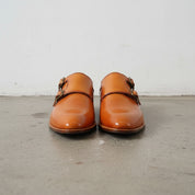 Handmade Mens Double monk shoes, Men Tan dress shoes, Buckle Shoes for mens - front-view