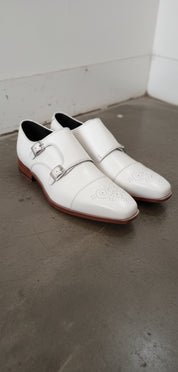 Handmade Mens Double monk white Leather shoes, Men white Party shoes - angle-view-showing-depth