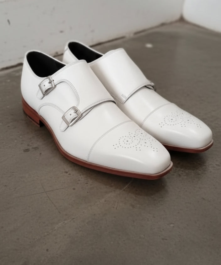 Handmade Mens Double monk white Leather shoes, Men white Party shoes - angle-view-showing-depth