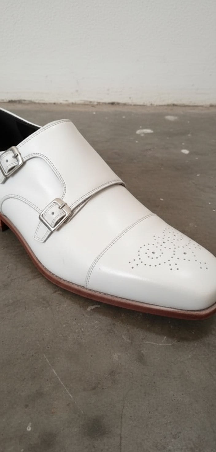 Handmade Mens Double monk white Leather shoes, Men white Party shoes - detail-view-showing-texture