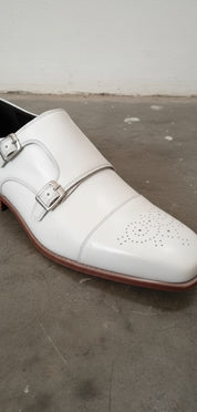 Handmade Mens Double monk white Leather shoes, Men white Party shoes - detail-view-showing-texture