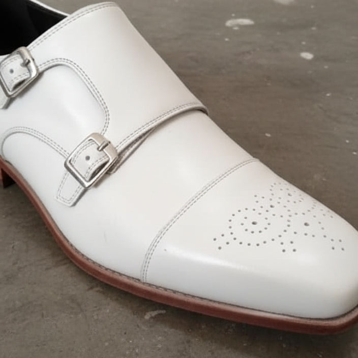 Handmade Mens Double monk white Leather shoes, Men white Party shoes - detail-view-showing-texture