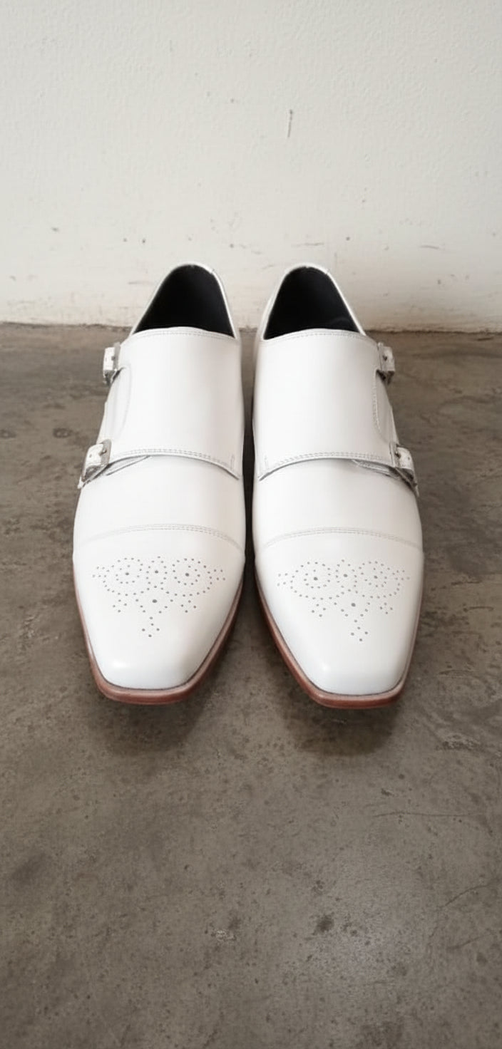 Handmade Mens Double monk white Leather shoes, Men white Party shoes - front-view