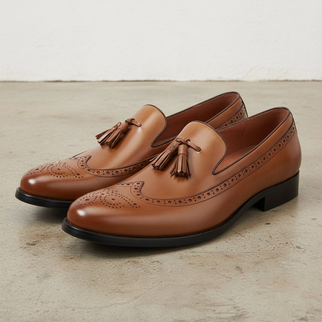 Handmade Men's Elegant Cow Leather Dress Shoes - angle-view-showing-depth