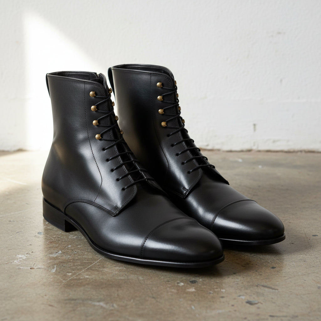 Handmade Mens Fashion Black Ankle Leather Boots, Men's Black Soldier Boots - angle-view-showing-depth