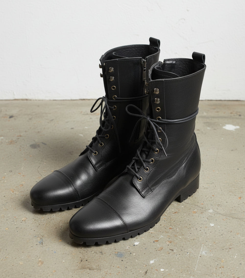 Handmade Mens Fashion Black Knee High Military Boots Men Black Combat Boots - angle-view-showing-depth