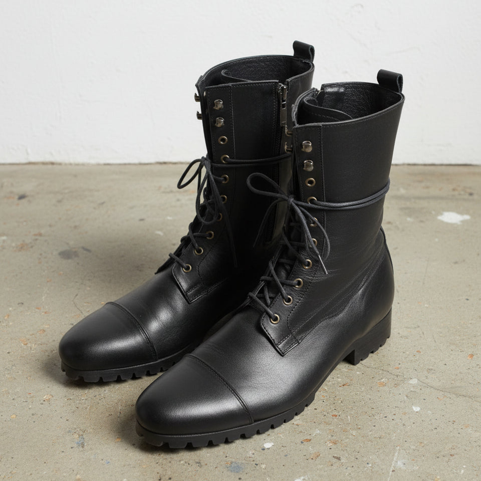 Handmade Mens Fashion Black Knee High Military Boots Men Black Combat Boots - angle-view-showing-depth