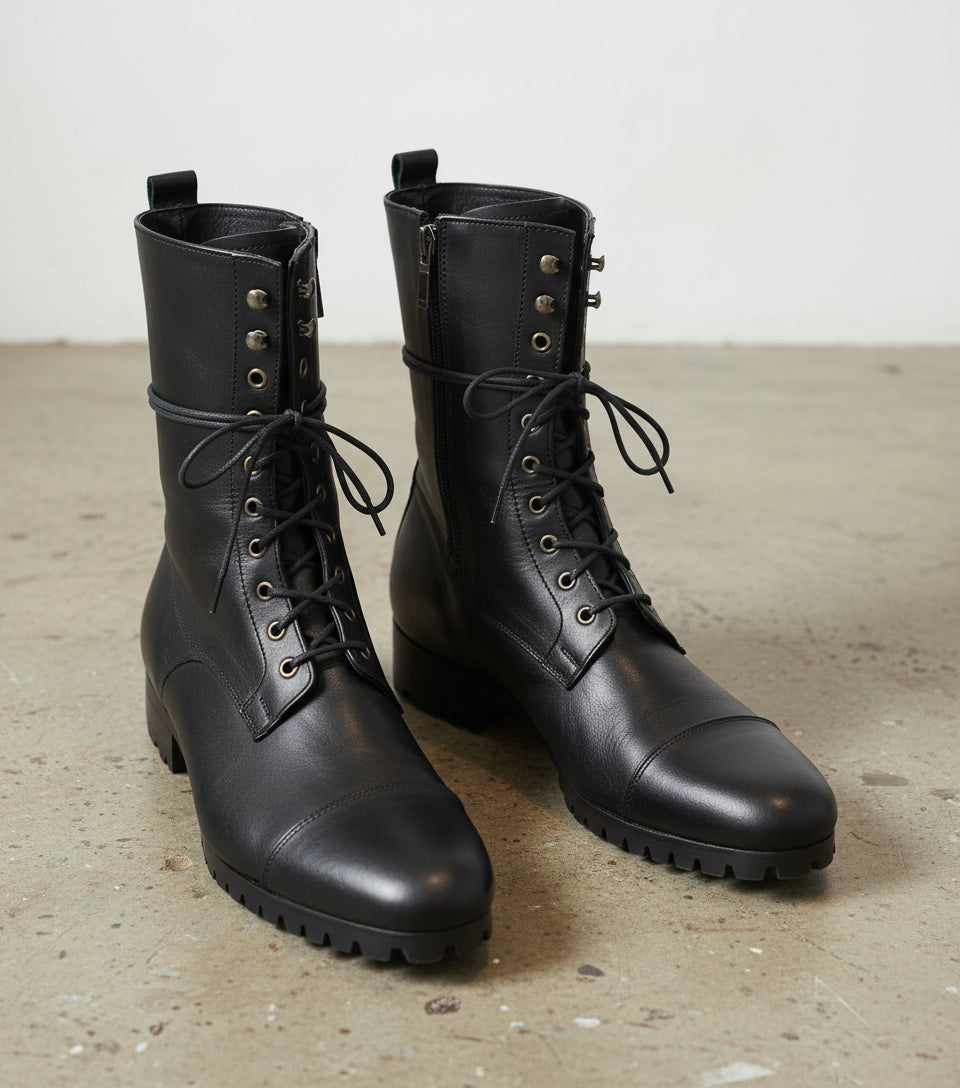 Handmade Mens Fashion Black Knee High Military Boots Men Black Combat Boots - front-view