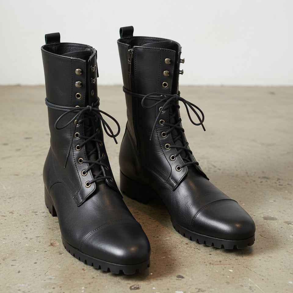 Handmade Mens Fashion Black Knee High Military Boots Men Black Combat Boots - front-view