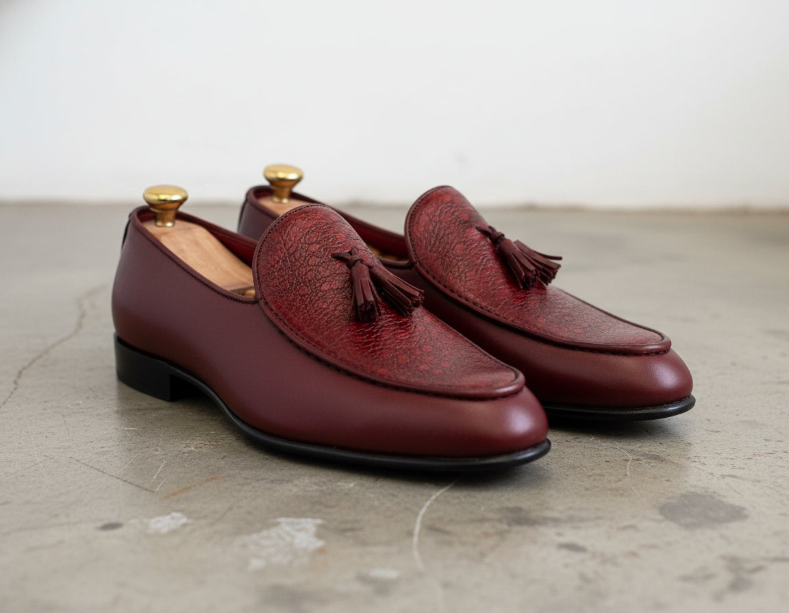 Handmade Mens Fashion Burgundy Tassels Shoes Loafer, Mens Leather Moccasins - angle-view-showing-depth