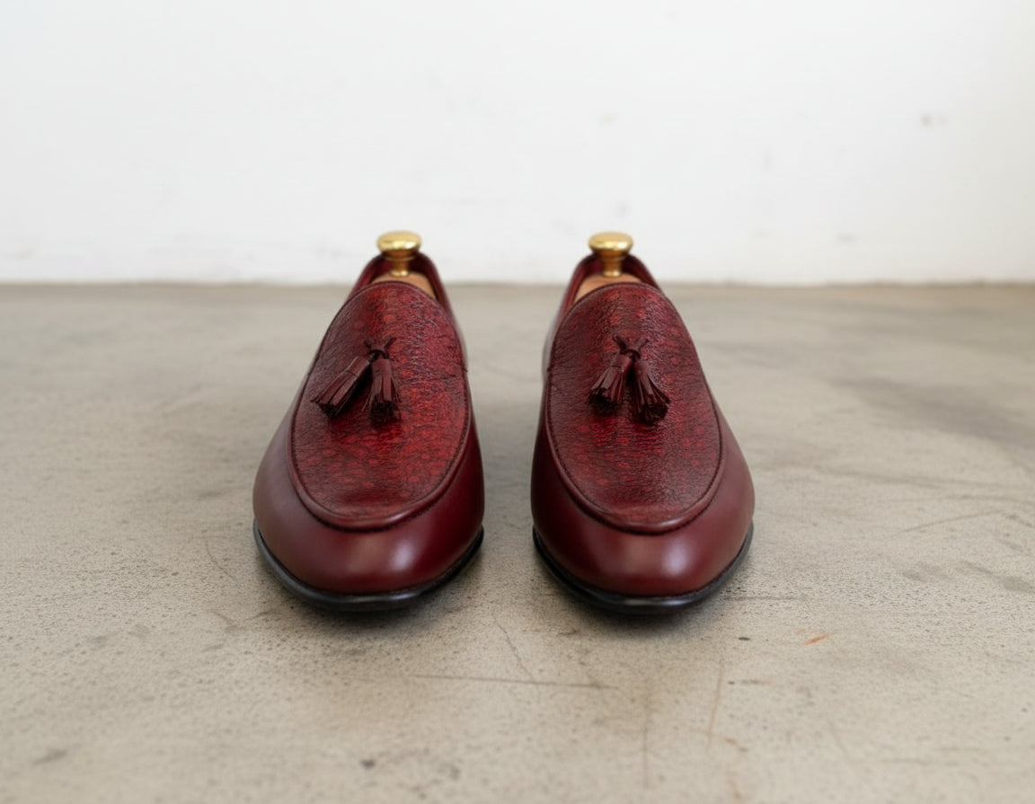 Handmade Mens Fashion Burgundy Tassels Shoes Loafer, Mens Leather Moccasins - front-view