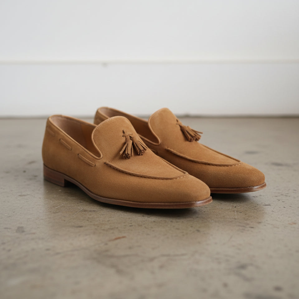Handmade Mens Fashion classic casual shoes, Men beige Tassel shoes moccasin - angle-view-showing-depth