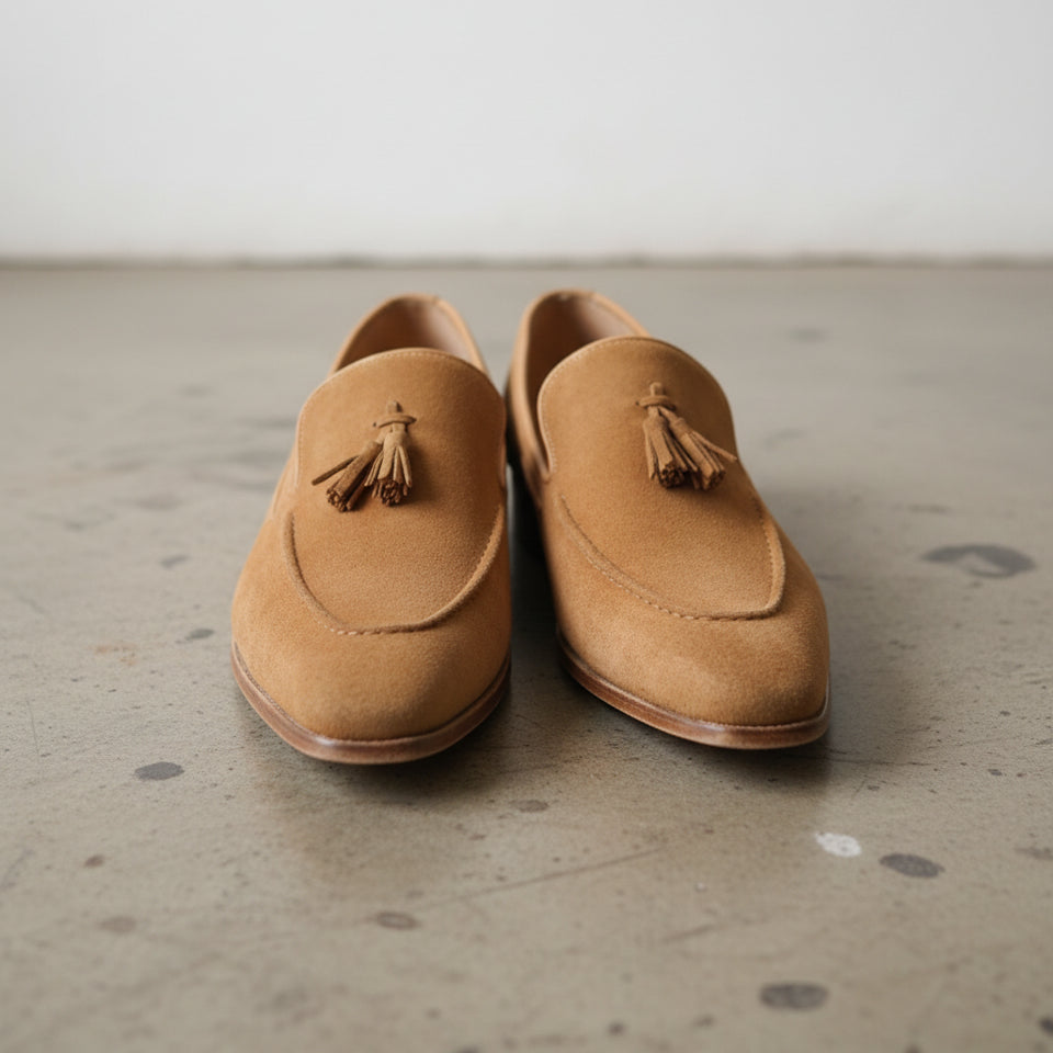 Handmade Mens Fashion classic casual shoes, Men beige Tassel shoes moccasin - front-view