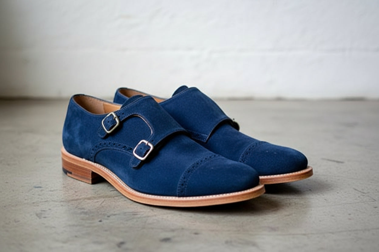 Handmade Mens Fashion Double Monk Party Shoes, Mens Style Royal Blue Shoes