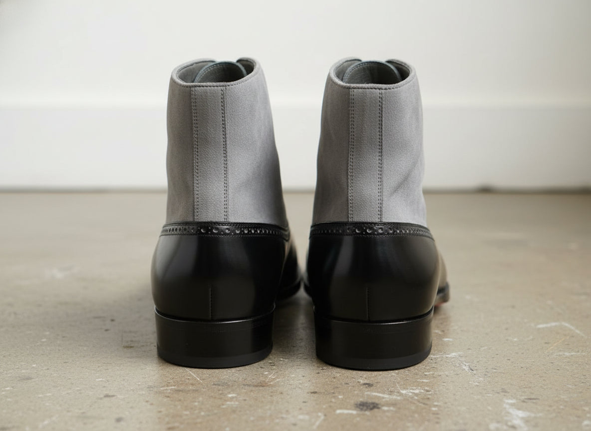 Handmade Mens Fashion Gray And Black Akle Boots, Men Suede Leather Boots - back-view