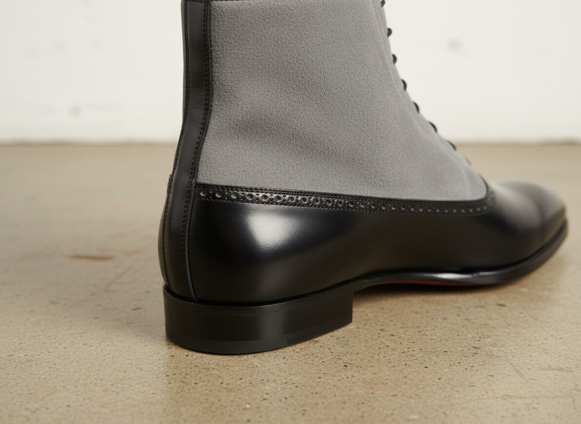 Handmade Mens Fashion Gray And Black Akle Boots, Men Suede Leather Boots - detail-view-showing-texture
