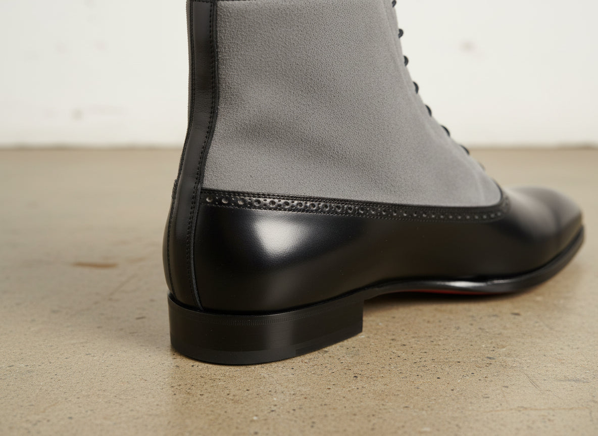 Handmade Mens Fashion Gray And Black Akle Boots, Men Suede Leather Boots - detail-view-showing-texture