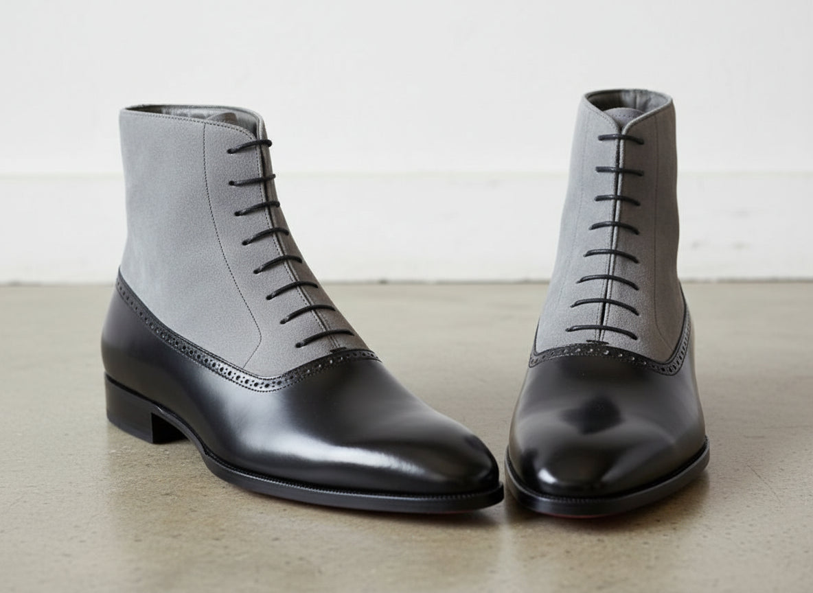 Handmade Mens Fashion Gray And Black Akle Boots, Men Suede Leather Boots - front-view