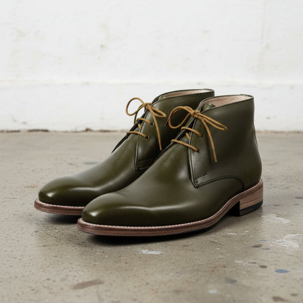 Handmade Mens Fashion Green Color Leather Boots Men Ankle High Lace Up Boot - angle-view-showing-depth