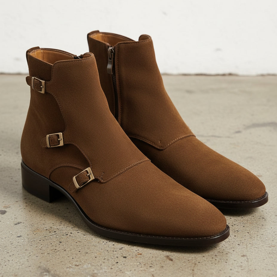 Handmade Mens Fashion Tan Brown Triple Monk Boots, Men Suede Leather Boots