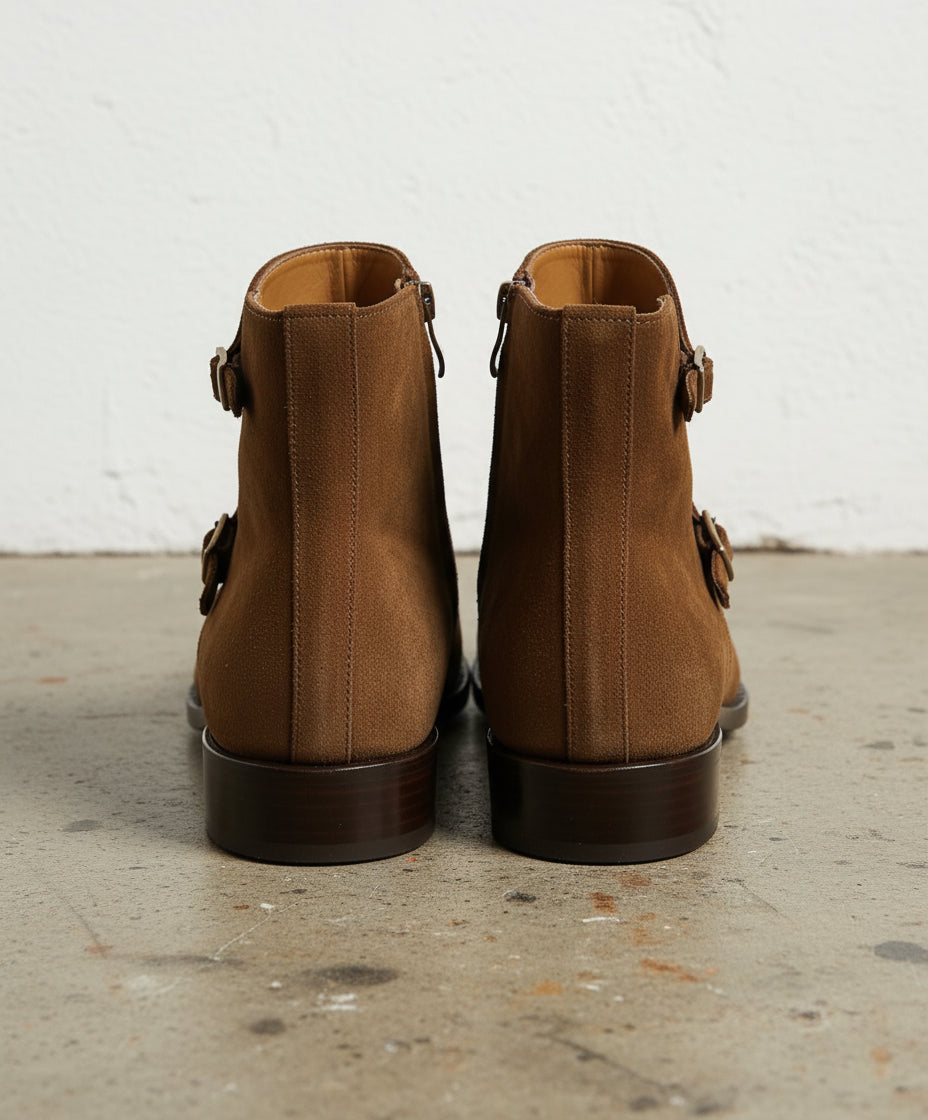 Handmade Mens Fashion Tan Brown Triple Monk Boots, Men Suede Leather Boots