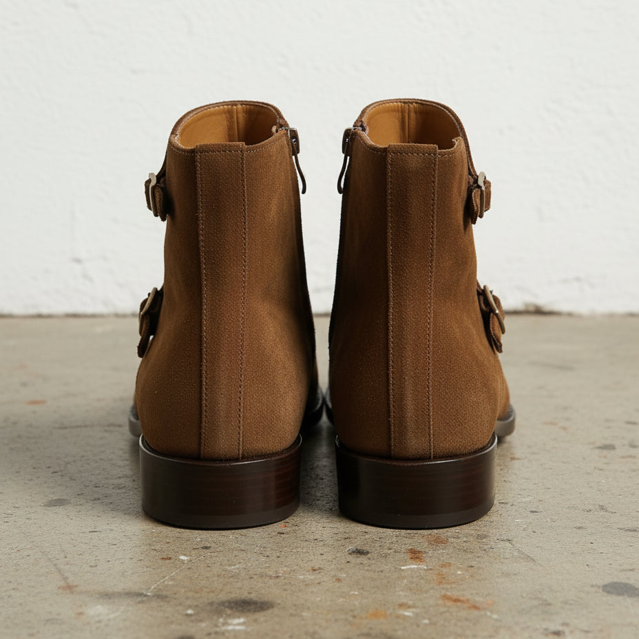 Handmade Mens Fashion Tan Brown Triple Monk Boots, Men Suede Leather Boots