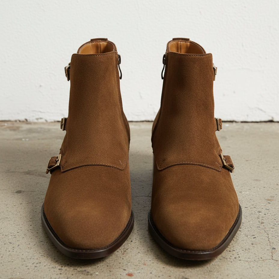 Handmade Mens Fashion Tan Brown Triple Monk Boots, Men Suede Leather Boots