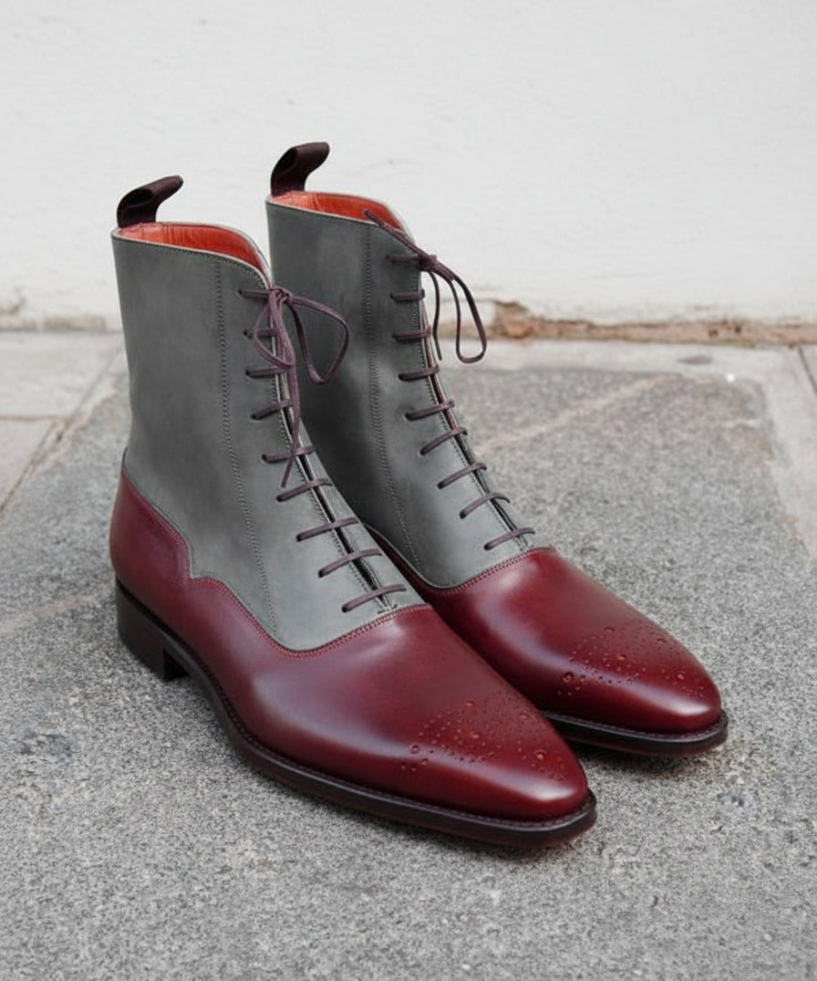 Handmade Mens Fashion Two Tone Ankle Boots, Men Casual Lace Up Brogue Boots - angle-view-showing-depth