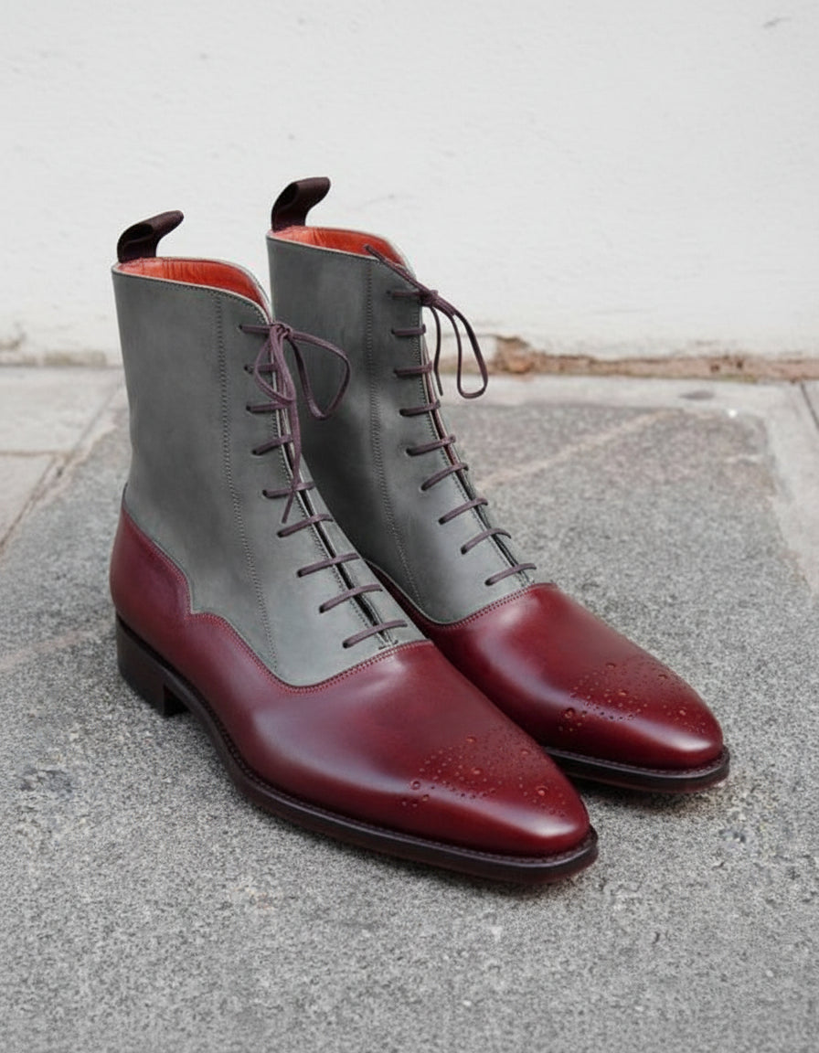 Handmade Mens Fashion Two Tone Ankle Boots, Men Casual Lace Up Brogue Boots - angle-view-showing-depth