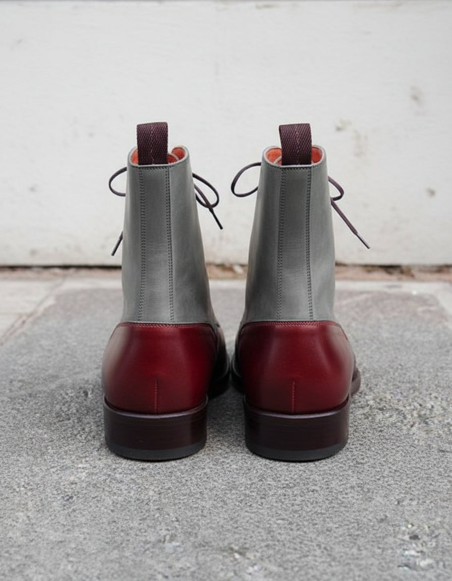 Handmade Mens Fashion Two Tone Ankle Boots, Men Casual Lace Up Brogue Boots - back-view