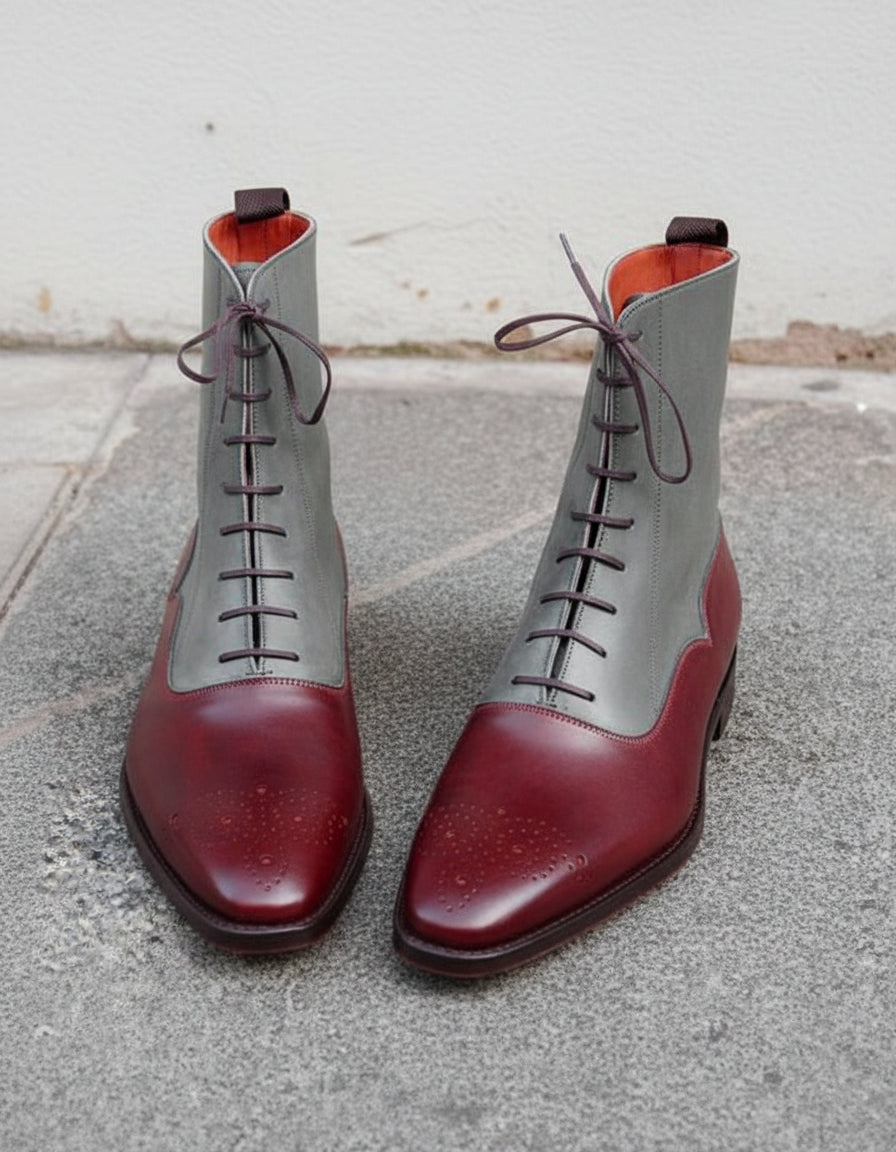 Handmade Mens Fashion Two Tone Ankle Boots, Men Casual Lace Up Brogue Boots - front-view