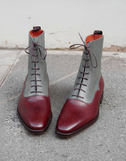 Handmade Mens Fashion Two Tone Ankle Boots, Men Casual Lace Up Brogue Boots - front-view