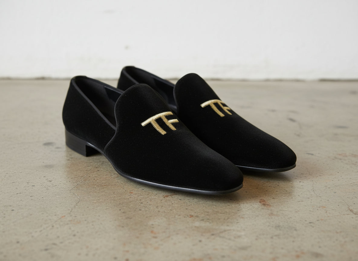 Handmade Mens Fashion Velvet Shoes, Men Casual Velvet Embroidered Slipper - angle-view-showing-depth