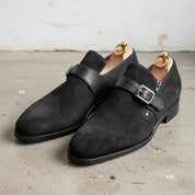 Handmade Mens formal Black suede monk shoes, Black suede buckle dress shoes - angle-view-showing-depth