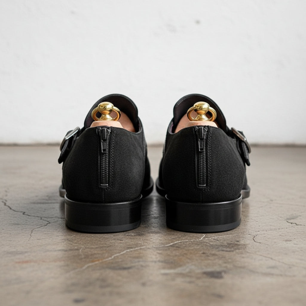 Handmade Mens formal Black suede monk shoes, Black suede buckle dress shoes - back-view