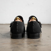 Handmade Mens formal Black suede monk shoes, Black suede buckle dress shoes - back-view