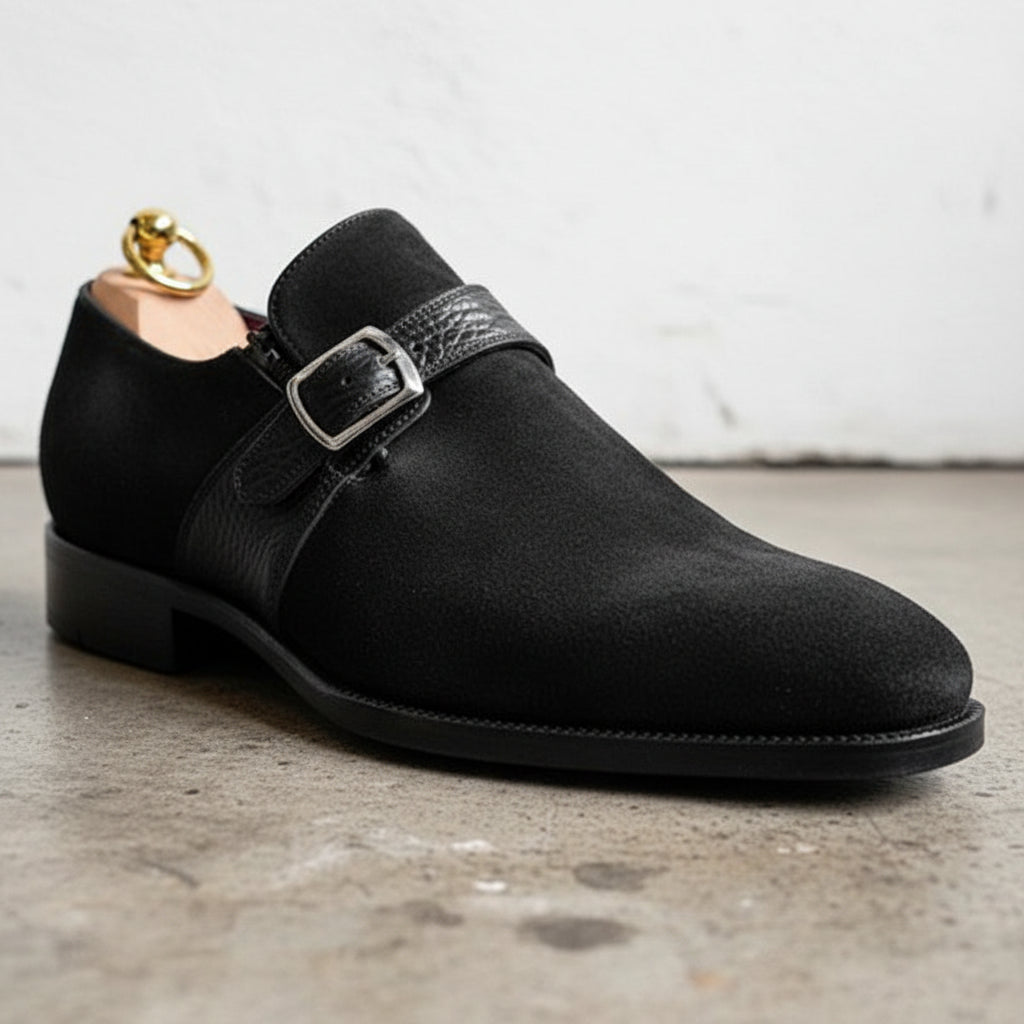 Handmade Mens formal Black suede monk shoes, Black suede buckle dress shoes - detail-view-showing-texture