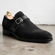 Handmade Mens formal Black suede monk shoes, Black suede buckle dress shoes - detail-view-showing-texture