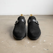 Handmade Mens formal Black suede monk shoes, Black suede buckle dress shoes - front-view