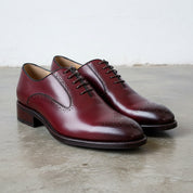 Handmade Mens Formal Brogue leather burgundy shoes, Burgundy elegant shoes - angle-view-showing-depth