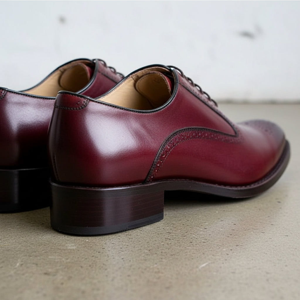 Handmade Mens Formal Brogue leather burgundy shoes, Burgundy elegant shoes - detail-view-showing-texture