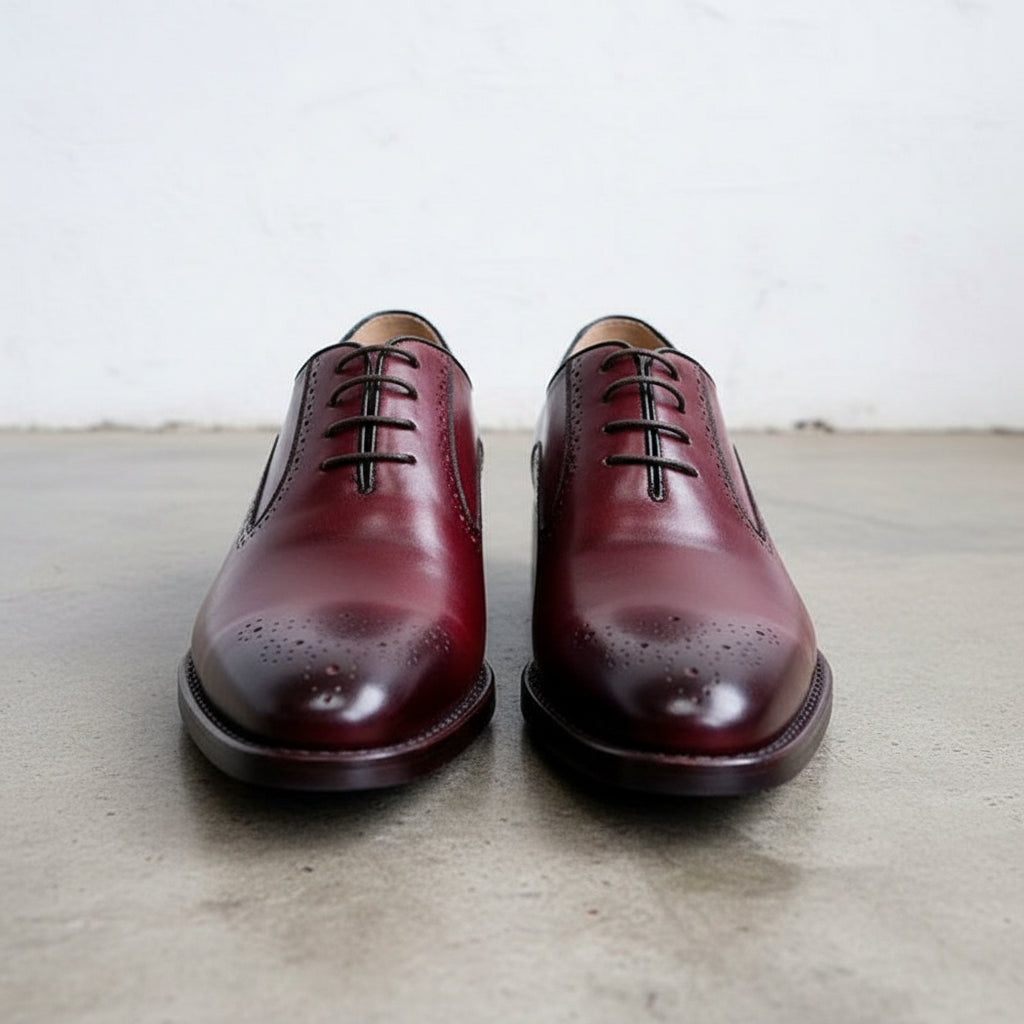 Handmade Mens Formal Brogue leather burgundy shoes, Burgundy elegant shoes - front-view