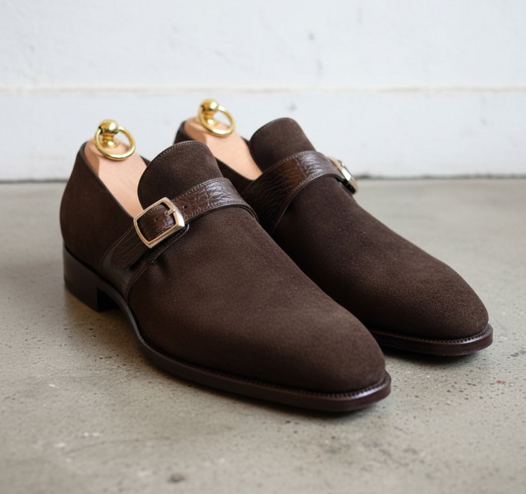 Handmade Mens formal Brown suede monk shoes, Brown suede buckle dress shoes - angle-view-showing-depth