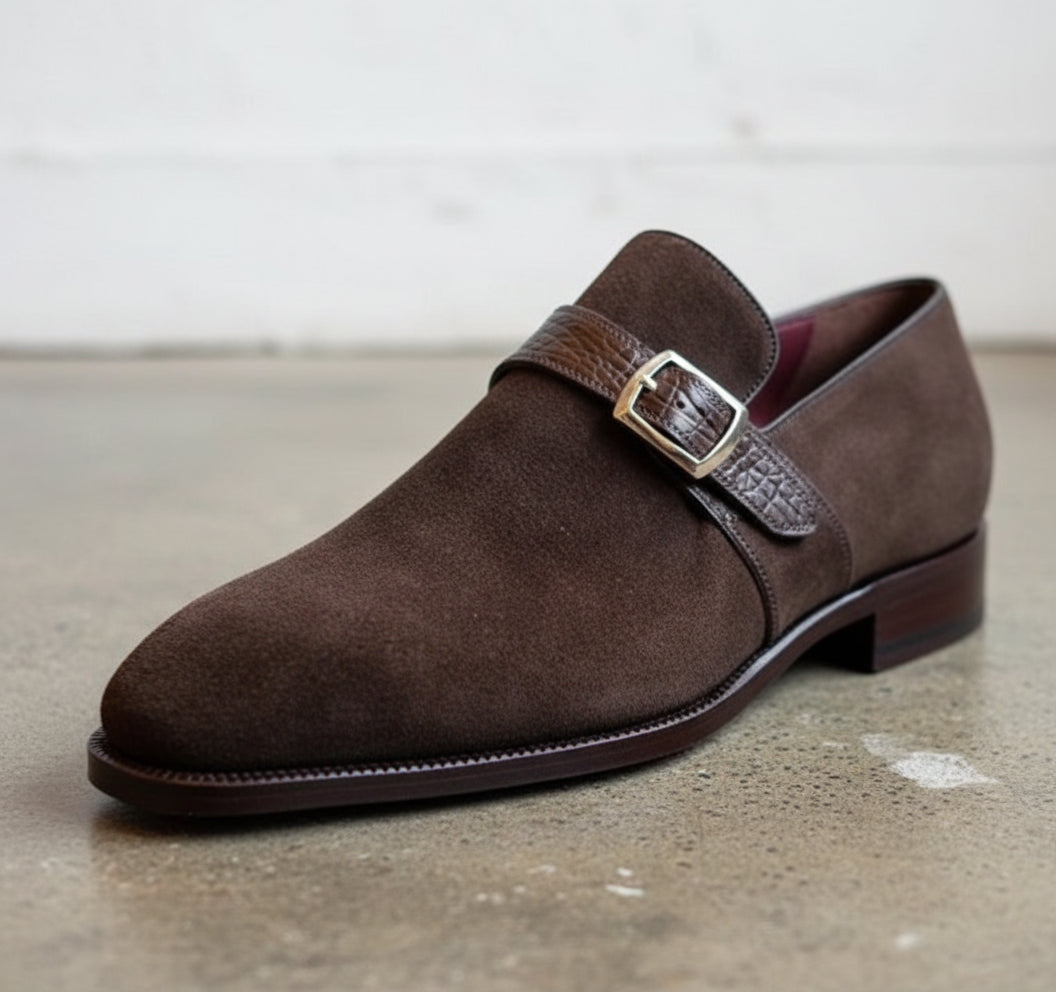 Handmade Mens formal Brown suede monk shoes, Brown suede buckle dress shoes - detail-view-showing-texture