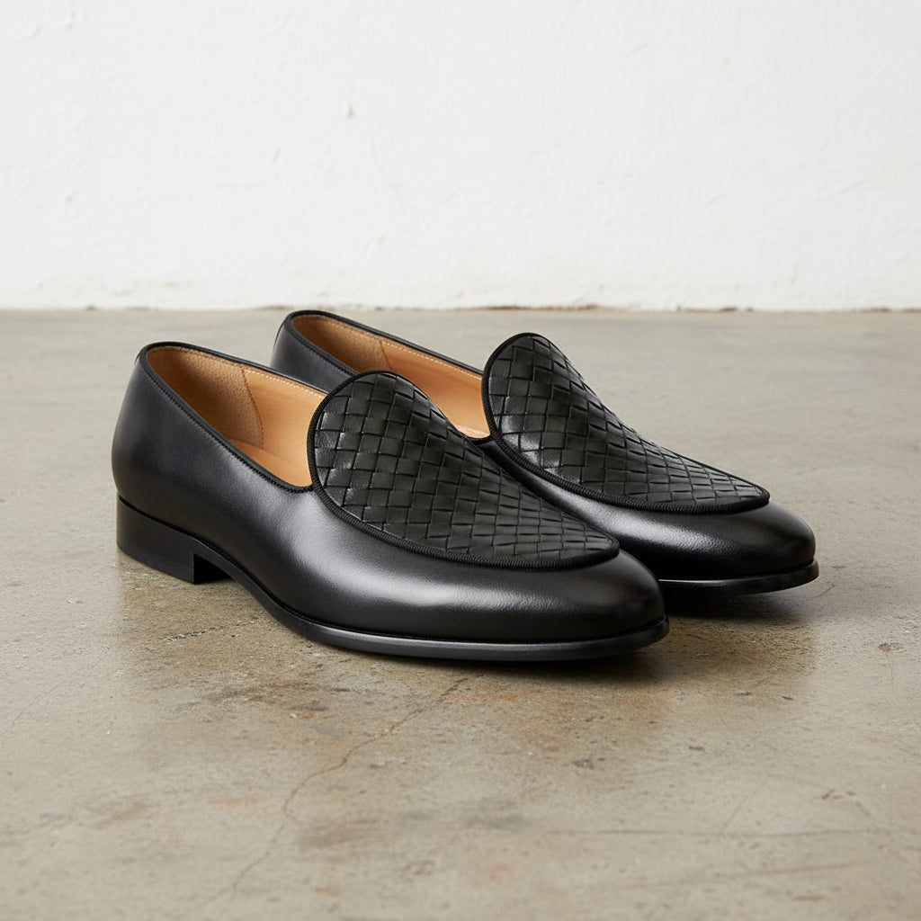 Handmade Men's Ful Grain Leather Casual Loafers - angle-view-showing-depth