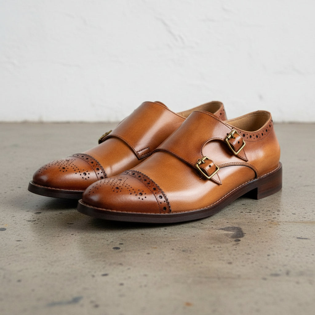 Handmade Men's Full Garin Leather Double Monk Strap Shoes - angle-view-showing-depth