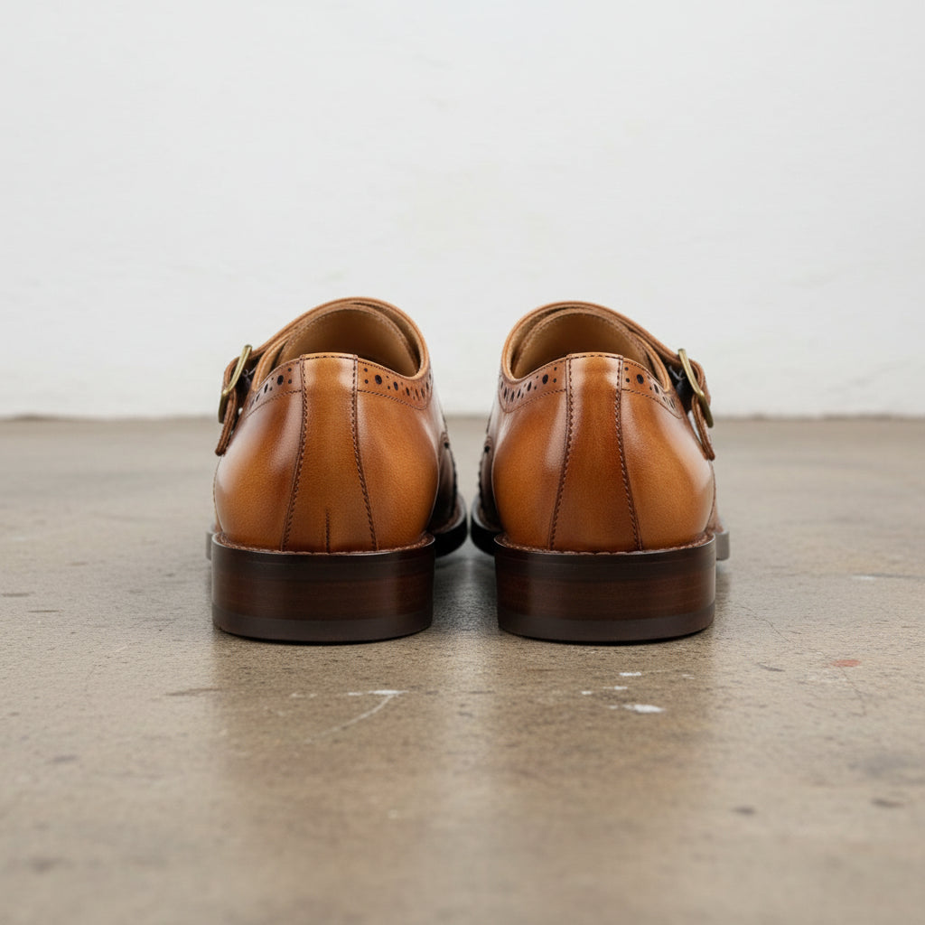 Handmade Men's Full Garin Leather Double Monk Strap Shoes - back-view